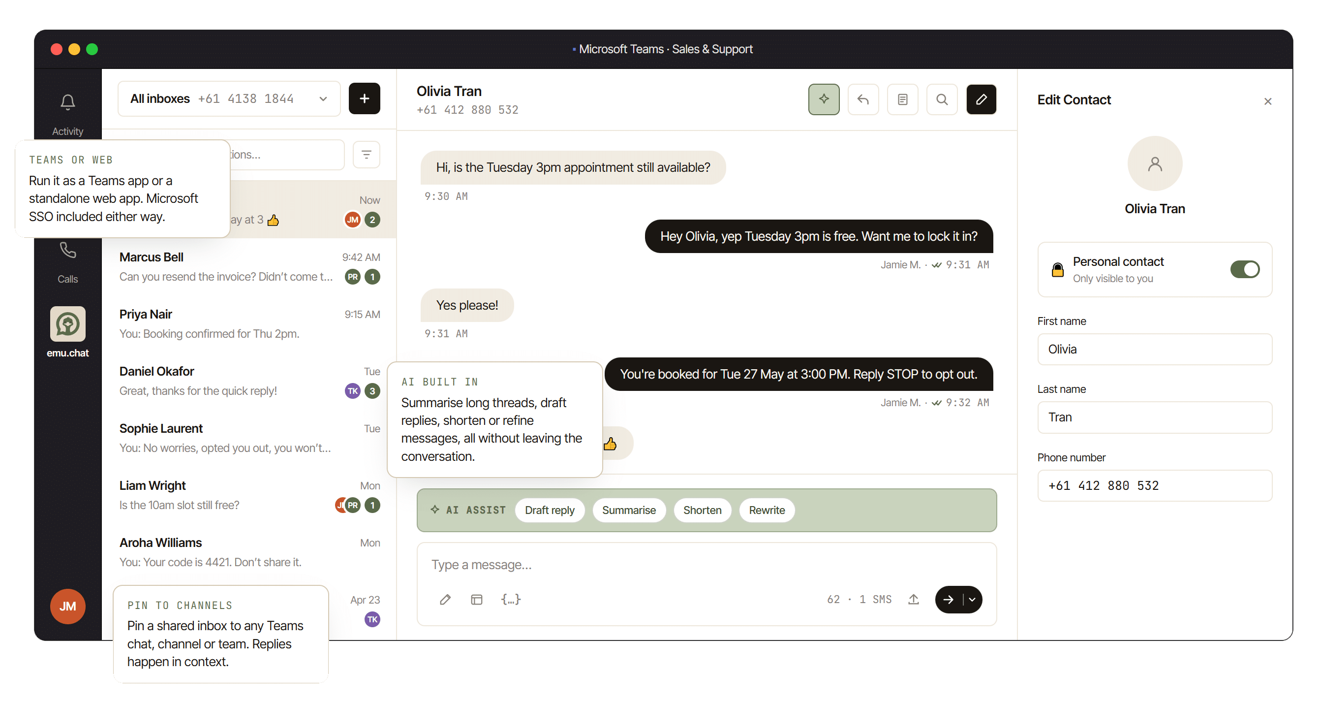 emu.chat shared SMS inbox running inside Microsoft Teams